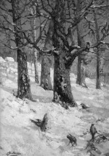 Dohlen Im Winterwald Oil Painting by Christoffer Drathmann