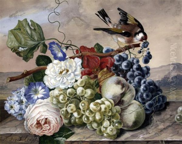 Still Life Of Fruit And Flowers With A Gold Finch Oil Painting by Johann Baptist Drechsler