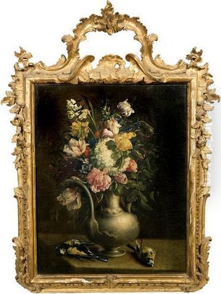 Fiori In Un Vaso Su Un Tavolo Con Cianciallegre Oil Painting by Johann Baptist Drechsler