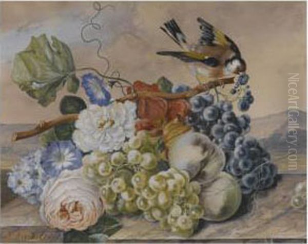 Still Life With Goldfinch Oil Painting by Johann Baptist Drechsler