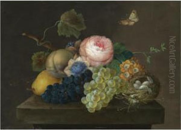 A Still Life With Grapes, Pears 
And Flowers, Together With A Bird's Nest With Eggs On A Stone Ledge, A 
Butterfly Above Oil Painting by Johann Baptist Drechsler