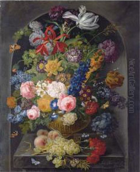 Roses, Carnations, Tulips And Other Flowers Oil Painting by Johann Baptist Drechsler