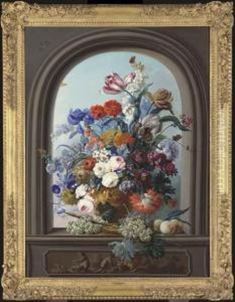 Flowers In A Sculpted Urn Oil Painting by Johann Baptist Drechsler