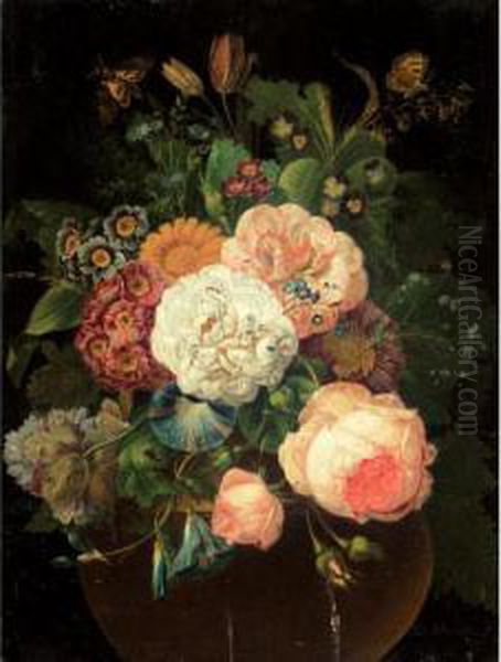 A Still Life Of A Vase Of Flowers, With A Wasp And A Butterfly Oil Painting by Johann Baptist Drechsler