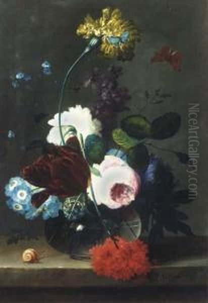 Roses, Tulips, Carnations And 
Other Flowers In A Glass Vase Withbutterflies, And A Snake On A Stone 
Ledge Oil Painting by Johann Baptist Drechsler