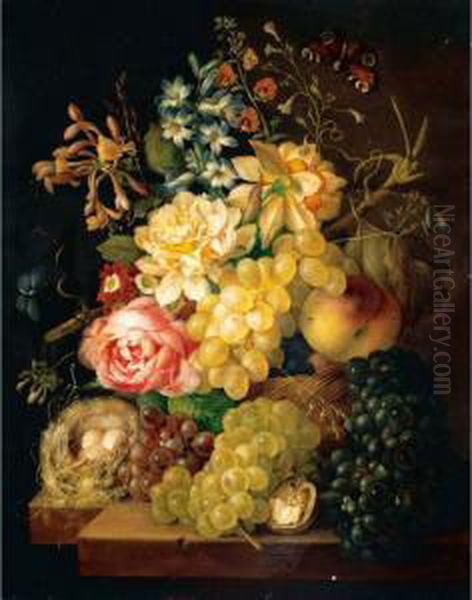 Still Life Of Roses, Honeysuckle
 And Other Flowers With Peaches And Grapes In A Basket, Togther With 
Grapes, Half A Walnut And A Birds Nest Upon A Ledge Oil Painting by Johann Baptist Drechsler