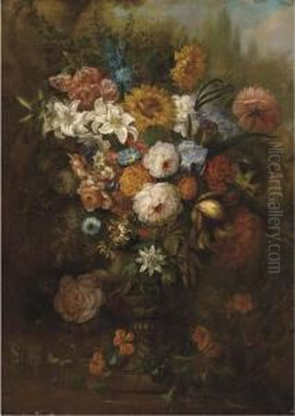 Roses, Carnations, Morning Glory And Other Flowers In An Urn On A Ledge Oil Painting by Johann Baptist Drechsler