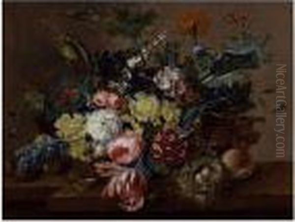 A Still Life Of Flowers In A Basket And A Bird Nest All Resting On A Ledge Oil Painting by Johann Baptist Drechsler