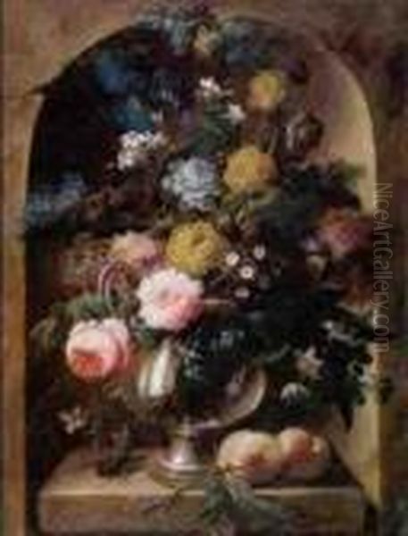 Still Life Of Roses, An Iris, 
Lilacs, Narcissi, Primroses And Other Flowers In A Glass Vase Resting On
 A Stone Ledge With Peaches And A Beetle, Within A Niche Oil Painting by Johann Baptist Drechsler