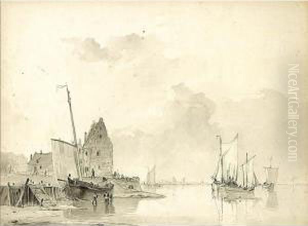 Boats Along The Quay At Low Tide by Christiaan Dreibholtz