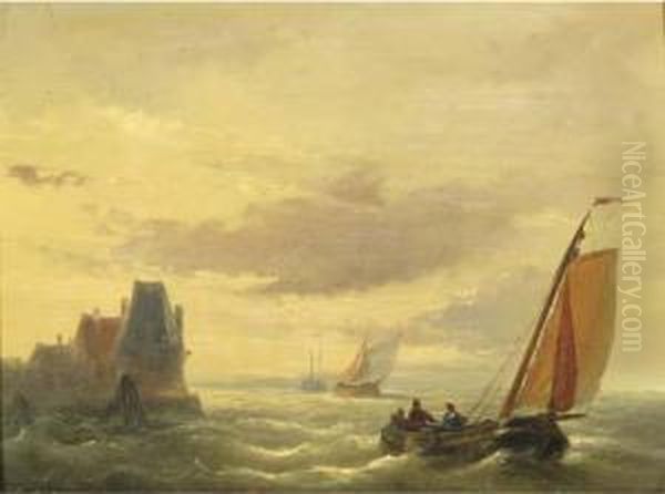 Sailing Vessels By A Coast Oil Painting by Christiaan Dreibholtz