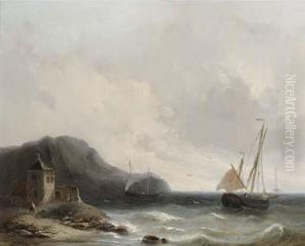 Shipping In A Breeze Off A Rocky Coast Oil Painting by Christiaan Dreibholtz