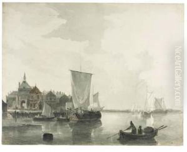 Fishermen And Shipping On The 
Merwede Near The Rietdijkse Poort,dordrecht (recto); A Sketch Of 
Shipping At Sea (verso) Oil Painting by Christiaan Dreibholtz