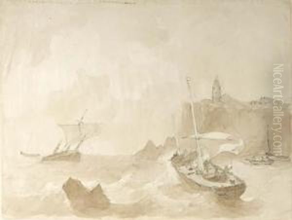 Shipping In A Heavy Wind By A Lighthouse On A Rocky Coast Oil Painting by Christiaan Dreibholtz