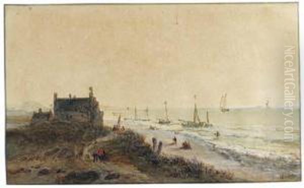 Houses In The Dunes Overlooking The Sea, Shipping On The Beachbeyond Oil Painting by Christiaan Dreibholtz