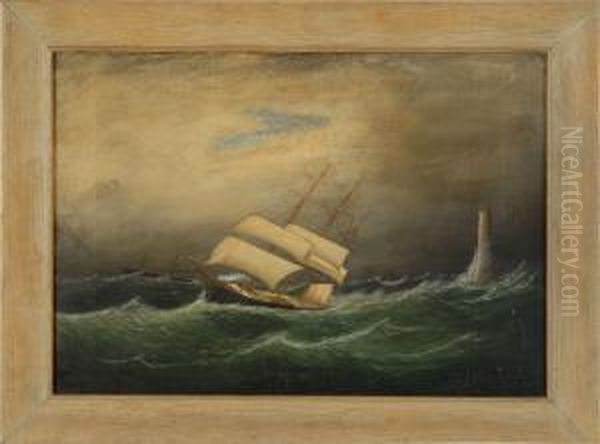 Three-masted Ship In Rough Seas Off Eddystone Light, With Steamship In Background. Oil Painting by Clement Drew