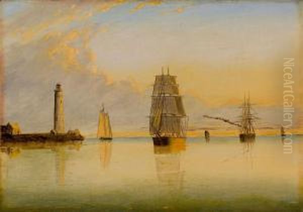 Morning Off Boston Light Oil Painting by Clement Drew