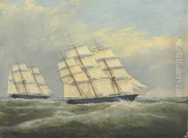 Clipperships Racing Neck And Neck Oil Painting by Clement Drew