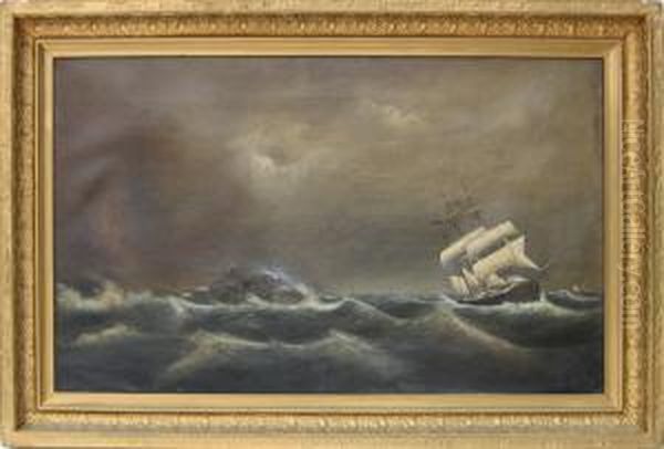 View Of A Full Rigged Ship Off Cape Ann Oil Painting by Clement Drew