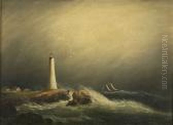 Ship In A Stormoff A Lighthouse Oil Painting by Clement Drew