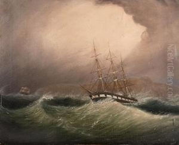 A Ship Anchoredin Stormy Seas. Oil Painting by Clement Drew