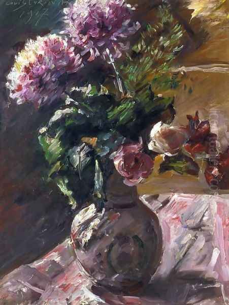 Chrysanthemums and Roses in a Jug Oil Painting by Lovis (Franz Heinrich Louis) Corinth