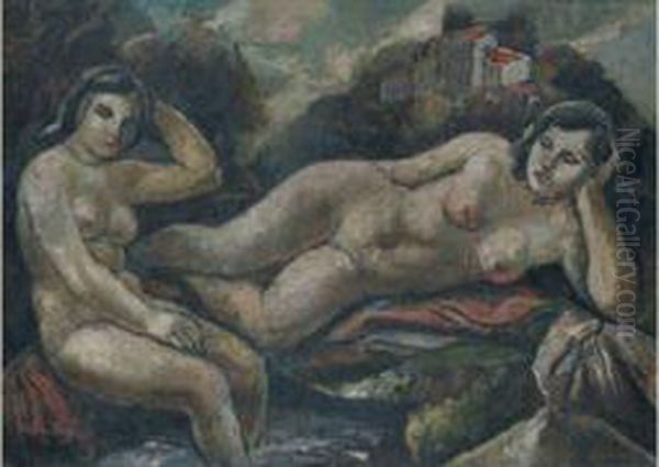 Deux Baigneuses Nues Au Bord D'un Torrent Oil Painting by Leon Ernest Drivier