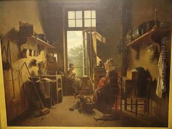 Figures In A Kitchen Interior Oil Painting by Martin Drolling Oberbergheim