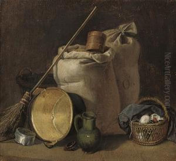 Sacks Of Grain, A Broom, An Up-turned Pot, A Jug And A Basket Ofyarn Oil Painting by Martin Drolling Oberbergheim