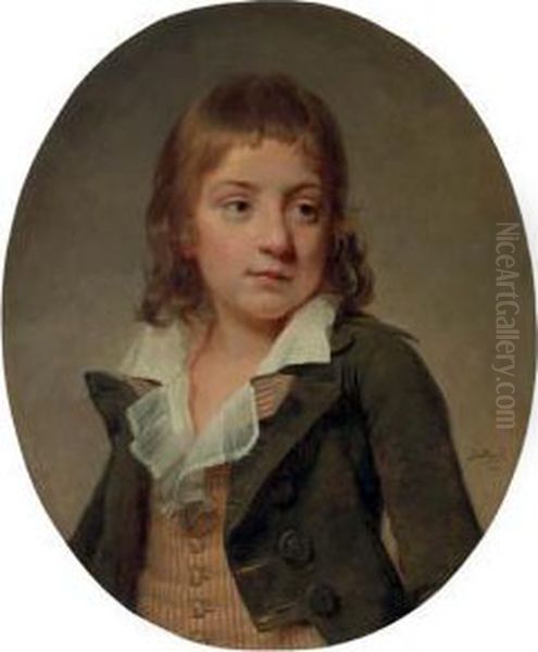 Portrait Of A Young Boy, Bust Length, In A Striped Vest And Grey Jacket Oil Painting by Martin Drolling Oberbergheim