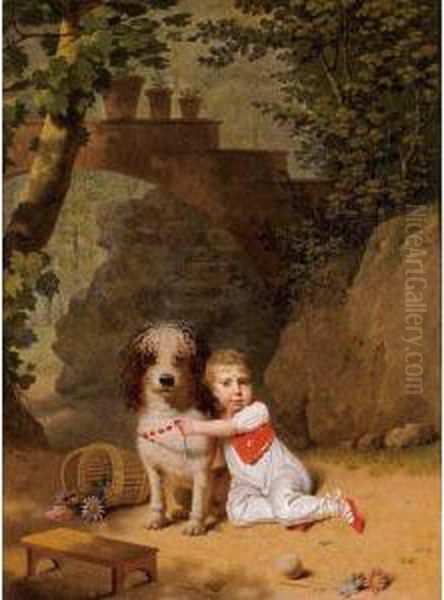 Portrait Of A Little Boy Placing
 A Coral Necklace On A Dog, Both Seated In A Parkland Setting Oil Painting by Martin Drolling Oberbergheim