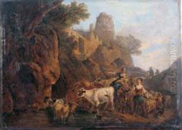 Bergeres Et Troupeau Passant La Riviere Oil Painting by Martin Drolling Oberbergheim