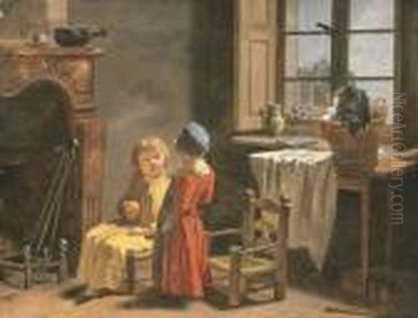 Les Enfants De L'artiste Conversant Pres D'une Cheminee Oil Painting by Martin Drolling Oberbergheim