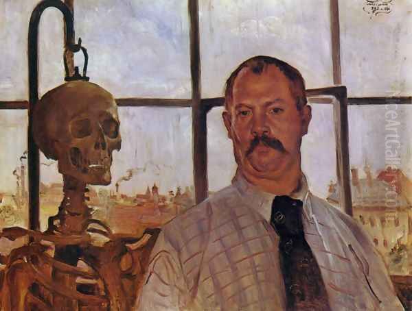 Self-portrait with skeleton, 1896 Oil Painting by Lovis (Franz Heinrich Louis) Corinth