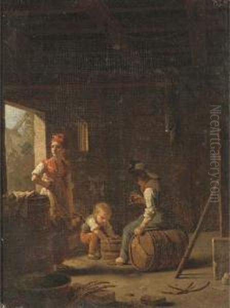 A Peasant Couple With A Child In A Barn Oil Painting by Michel-Martin Drolling