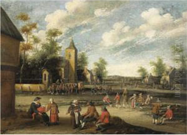 Figures Conversing In A Village Oil Painting by Cornelius Droochsloot