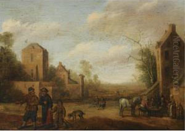 A Village Scene With Travellers On A Path, Peasants Sitting At A Table To The Right Oil Painting by Cornelius Droochsloot