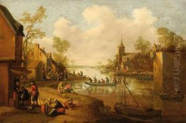 People On A River Embankement In A Village Oil Painting by Cornelius Droochsloot