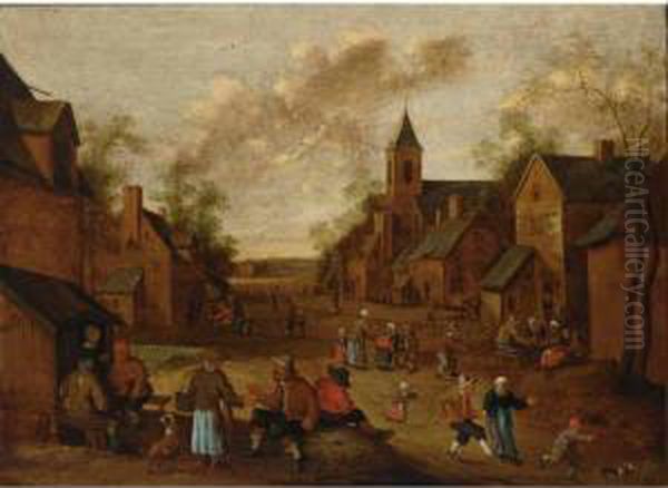 A Village Street With Peasants 
Conversing And Drinking Near An Inn, A Church To The Right Oil Painting by Cornelius Droochsloot