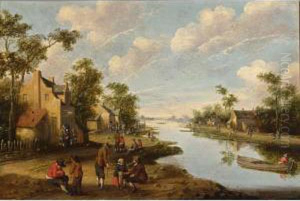 A River Landscape With Figures Resting Near An Inn, A Fisherman In A Boat To The Right Oil Painting by Cornelius Droochsloot