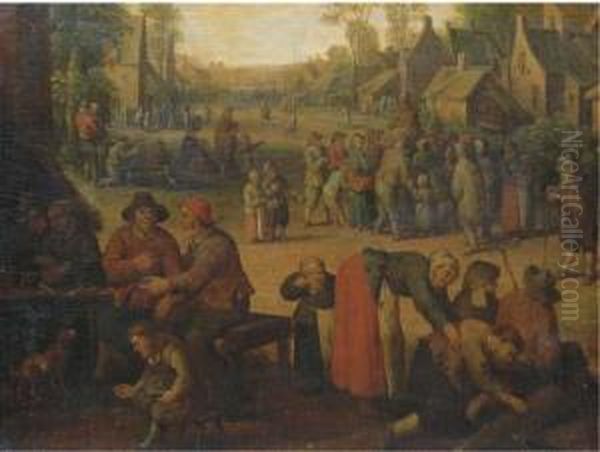 A Village Scene With Numerous Peasants And A Travelling Merchant Beyond Oil Painting by Cornelius Droochsloot