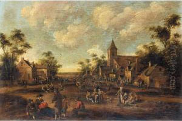 Village Scene With Crowds Of Figures Before A Church Oil Painting by Cornelius Droochsloot