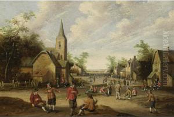 A Village Scene With Figures Conversing Oil Painting by Cornelius Droochsloot