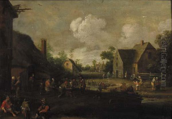 A Village Street With Boors At Table Outside A Tavern, Beggars In The Foreground Oil Painting by Cornelius Droochsloot