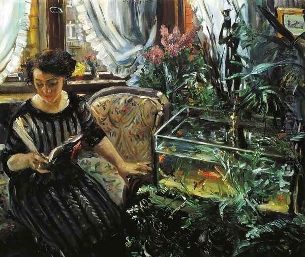 Woman by a Goldfish Tank Oil Painting by Lovis (Franz Heinrich Louis) Corinth