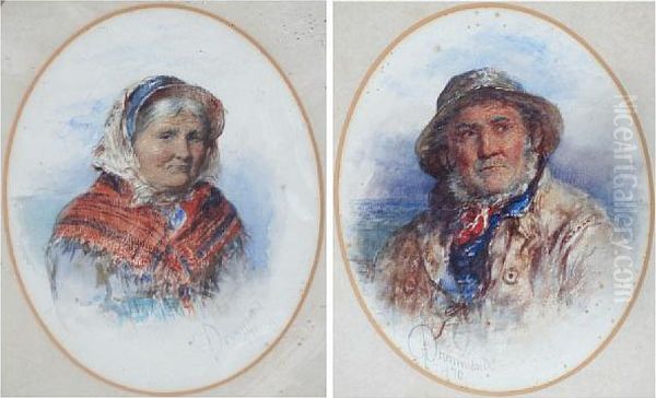 Portrait Of A Fisherman, And 
Another Of An Old Lady Wearing A Headscarf And Shawl, A Pair Oil Painting by James Drummond