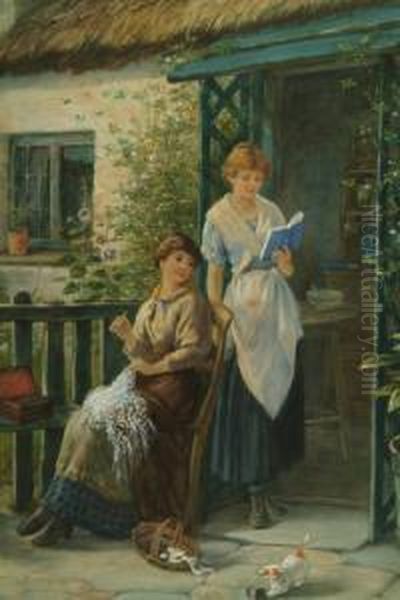 Two Young Women In A Cottage 
Doorway, One Sewing Another Reading, A Kitten Playing Nearby, Signed And
 Dated '85 Oil Painting by James Drummond