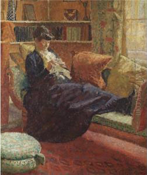 Woman Sewing On A Couch Oil Painting by Malcolm Drummond