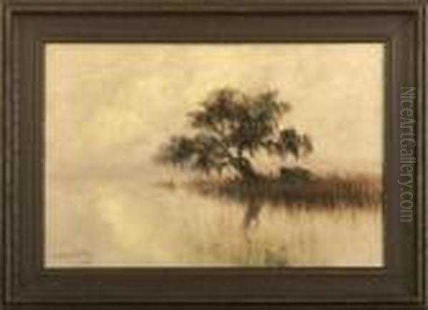 View Of A Misty Morning Onthe Louisiana Bayou With Trapper's Cabin And Oak Tree Oil Painting by Alexander John Drysdale