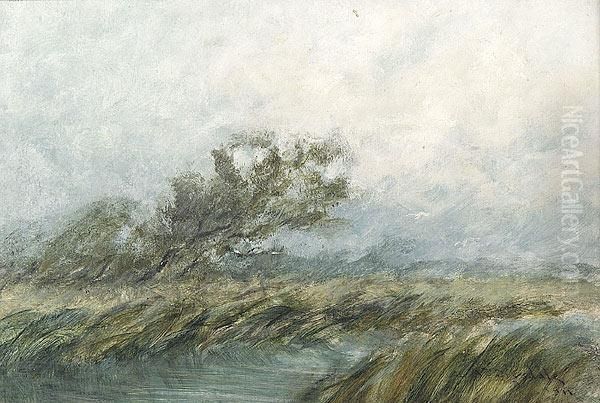 Bayou Scene With Wind Blown Marsh Grass And Tree Oil Painting by Alexander John Drysdale